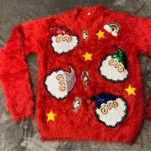 Soft Plush Fuzzy Christmas Sweater Vintage Inspired Sequins Santa Star Holiday